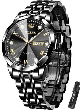 Mens Black Stainless Steel Classic Analog Quartz Diamond Waterproof Luxury Watch